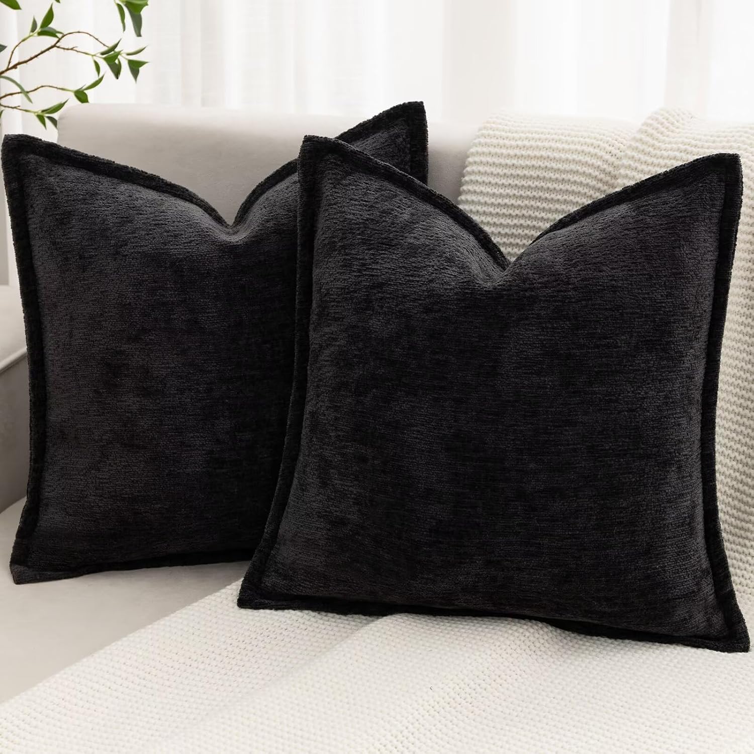 Grey Decorative Throw Pillow Covers 18x18 Inch Set of 2 Cozy Soild Chenille Cushion Cases Soft Textured Square Couch Pillows Cover Boho Accent Farmhouse Pillowcases for Sofa Bed