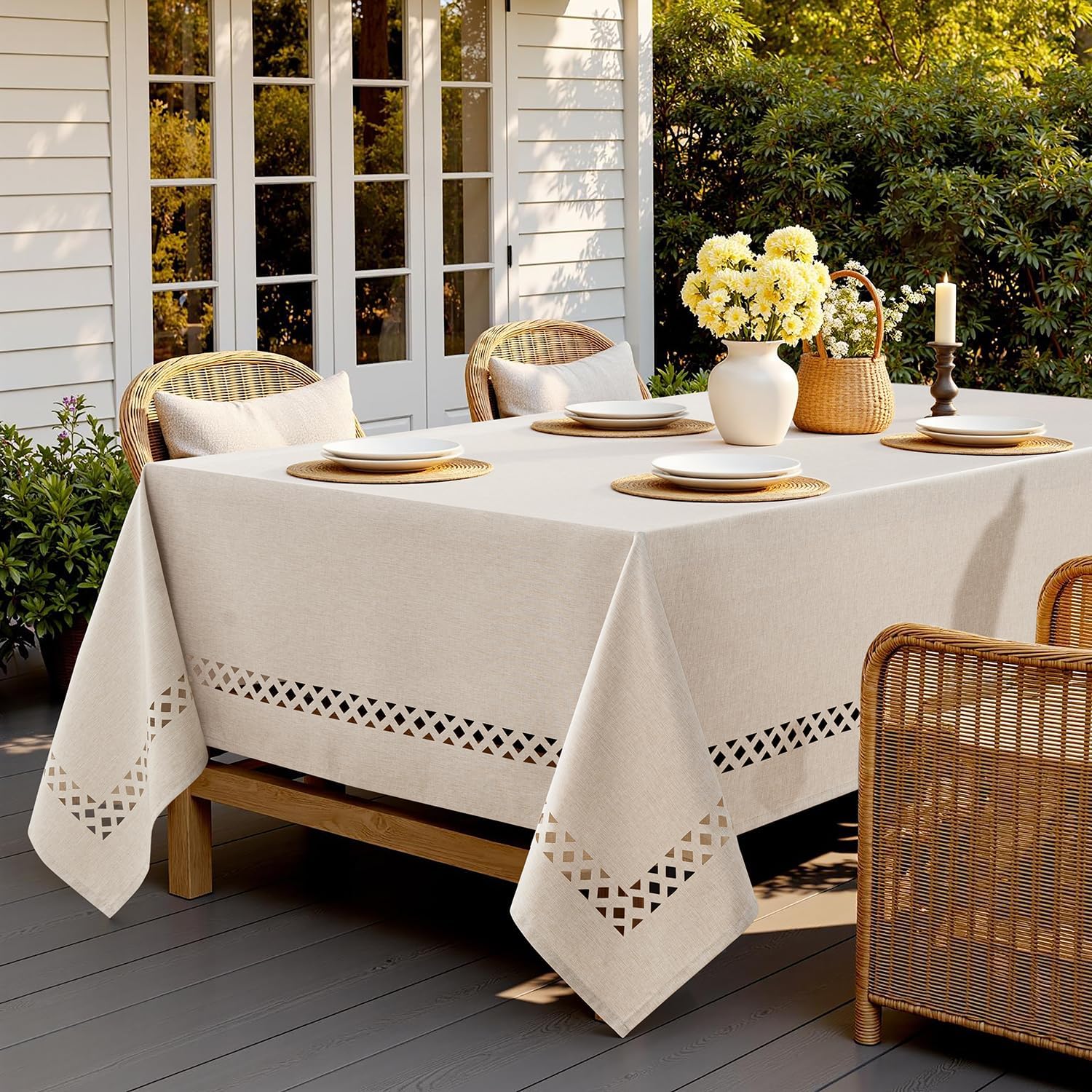 Beige Rectangle Linen Polyester Tablecloth with Decorative Cutouts Spring Waterproof Stain Resistant & Shrink-Proof Table Cloth 52x70 inch Farmhouse Style for Dining Wedding and Outdoor