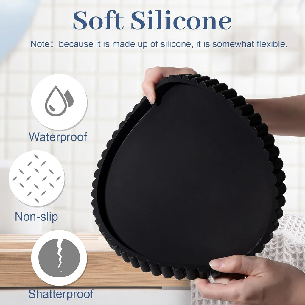 Round Bathroom Tray Silicone Kitchen Counter Decor Vanity Organizer Decorative Coffee Table Tray for Perfume, Candle, Soap Dish, 9 Inch, Black