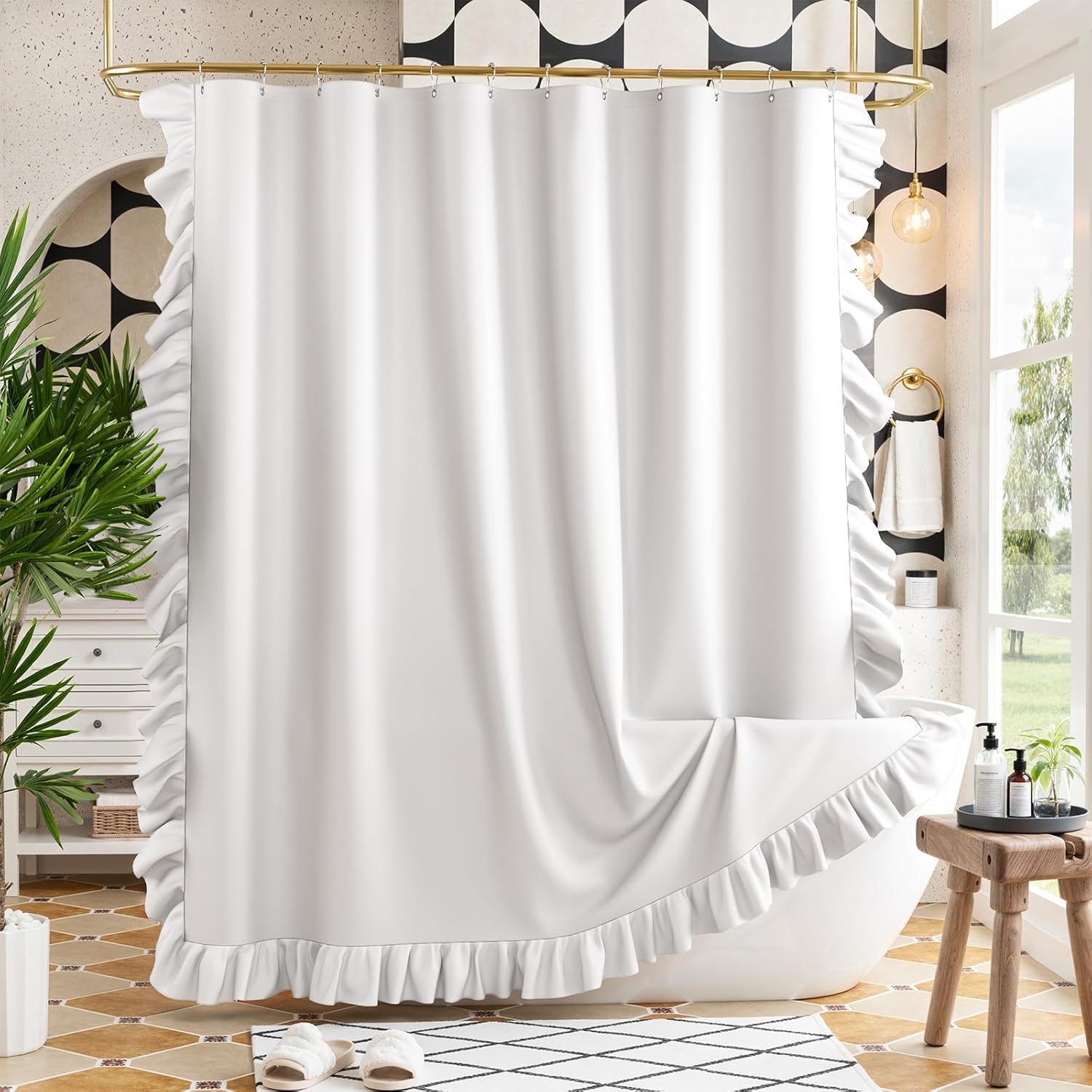 Ruffle Shower Curtain with Three-Side Ruffle, Solid White Farmhouse Curtains, Soft Flowy Layered Fabric, Elegant Spa Style, Clean Minimal Look, Water Repellent,12 Metal Hooks, 72" W x 72" L