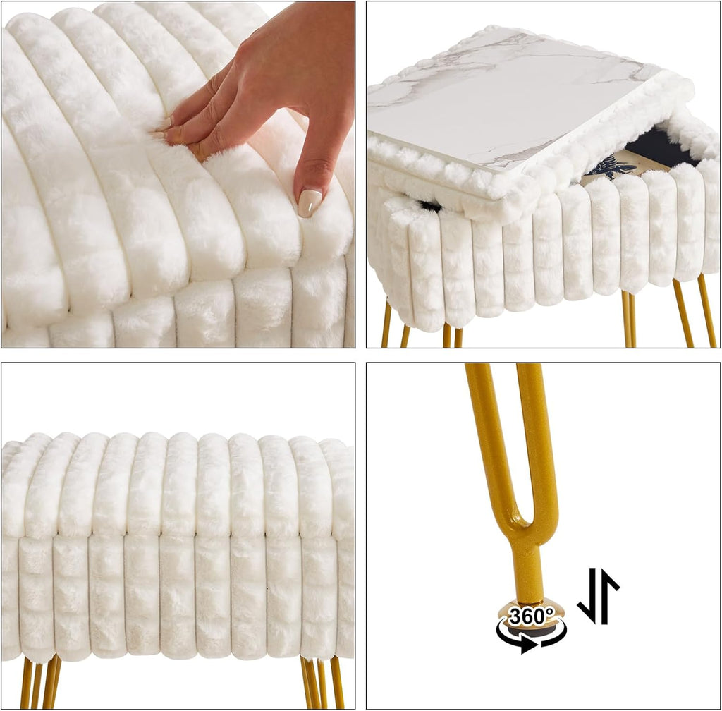 Rectangle Vanity Chair with Storage Space, Footrest Footstool Ottoman, Vanity Stool, Dressing Table Chair, with Anti-Slip Feet, for Makeup Room, Bedroom, Square Grid Pattern, White WBD004W
