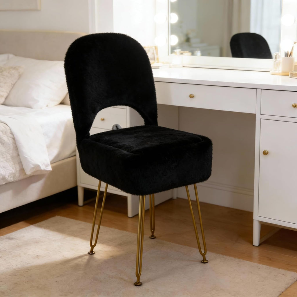 New Upgrade Small Vanity Chair with Storage and Folding Back, White Vanity Stool wiht Ergonomic Backrest and Metal Legs, Furry Padded Ottoman for Makeup Room, Bedroom