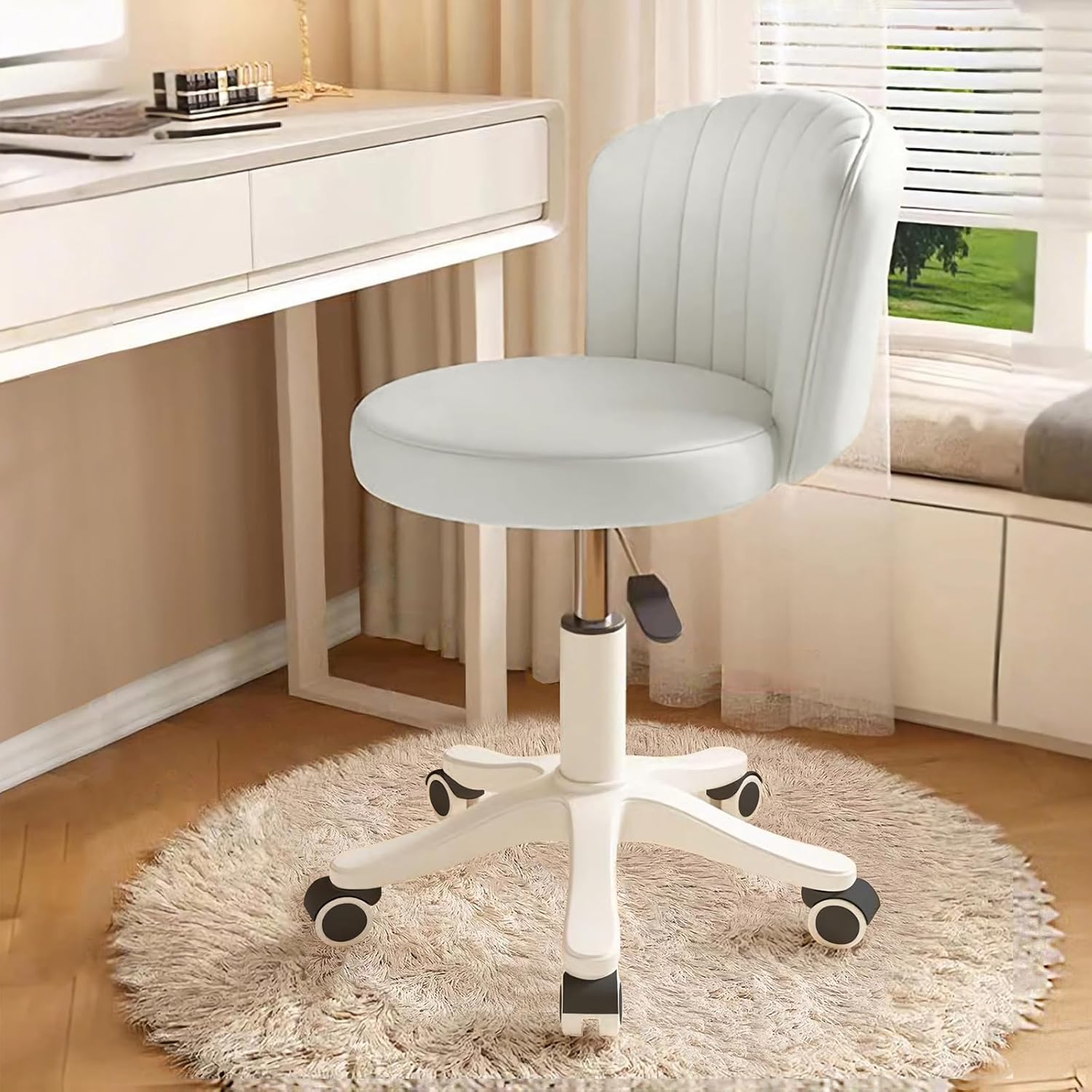 Small Round Rolling Desk Chair Armless Comfy Vanity Computer Chair Height Adjustable Swivel Work Spa Chair