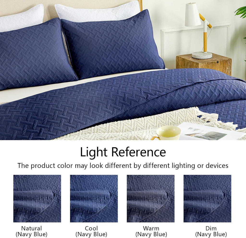 Quilts Queen Size - Ultra Soft Navy Blue Quilt Lightweight Microfiber Bedspreads, Classic Basket Weave Pattern Bedspread Bed Coverlet 3 Pieces for All-Season (1 Quilt, 2 Pillow Shams) | Breathable material, Easy care