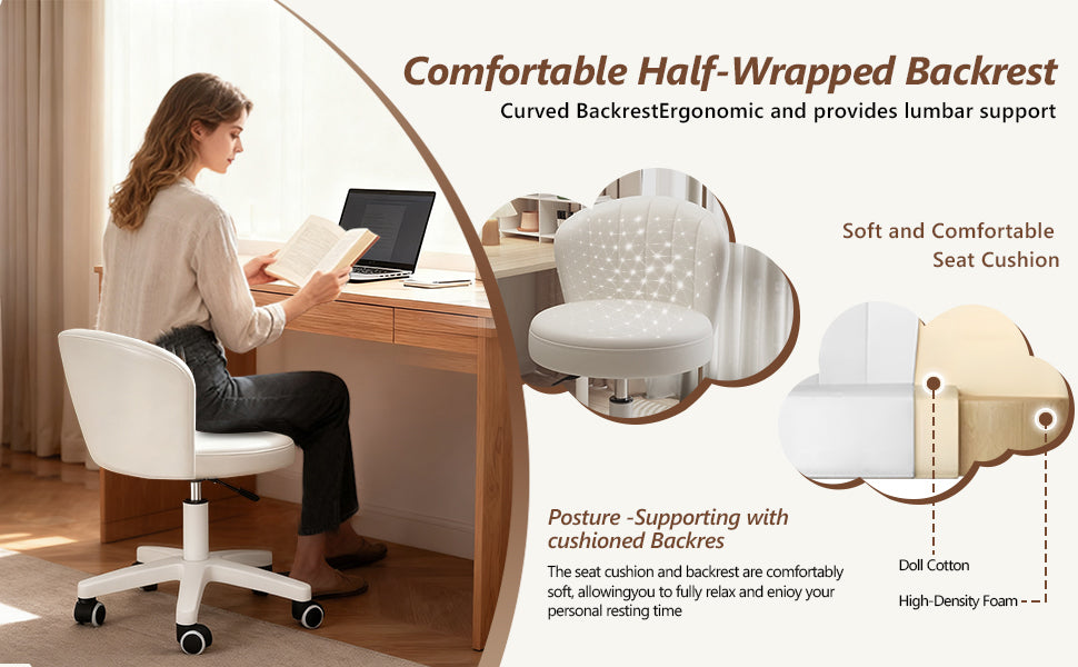 Small Round Rolling Desk Chair Armless Comfy Vanity Computer Chair Height Adjustable Swivel Work Spa Chair