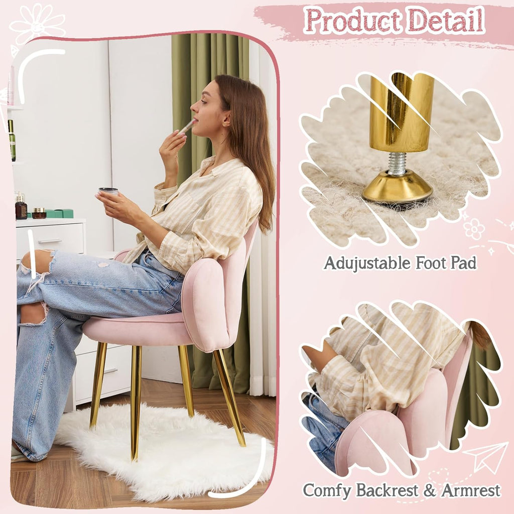 Makeup Vanity Chair with Back,Flower Cute Girls Desk Chair Comfy No Wheels,Modern Dining Chair,Small Accent Chair with Adustable Gold Legs&Bow Pillow for Home Office,Bedroom,Velvet,Pink